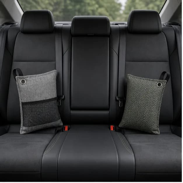 Deux pochettes à charbon automobile positionnées sur les côtés opposés d'un siège arrière