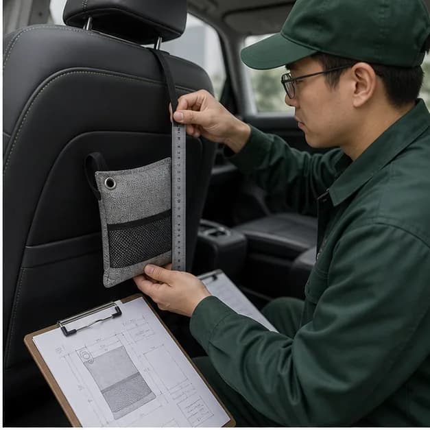 Technicien mesurant un accessoire de pochette de charbon de bois automobile dans un véhicule