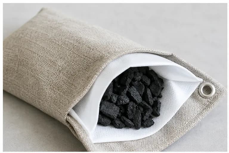 sac au charbon de bambou en coupe montrant la doublure, le remplissage et le tissu extérieur