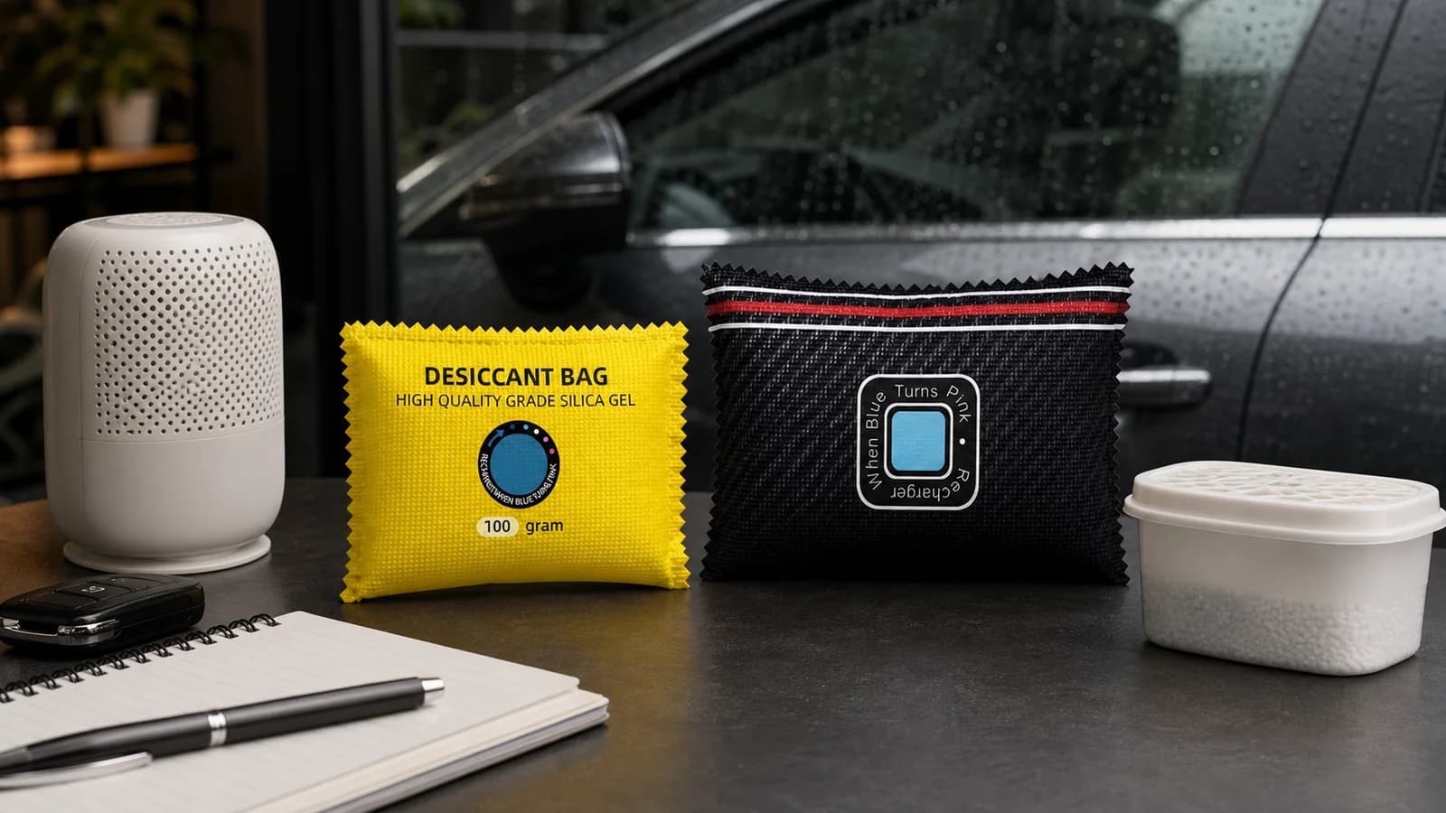 Sacchetti riutilizzabili in gel di silice accanto alle opzioni di deumidificatore per auto elettrico e al cloruro di calcio