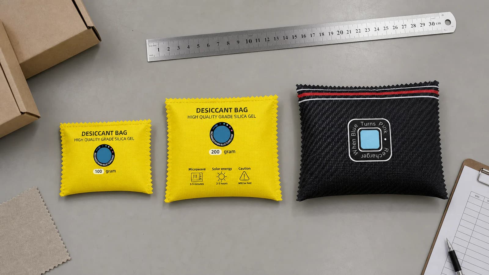 Bolsas deshumidificadoras de 100 g, 200 g y 400 g preparadas para revisar muestras