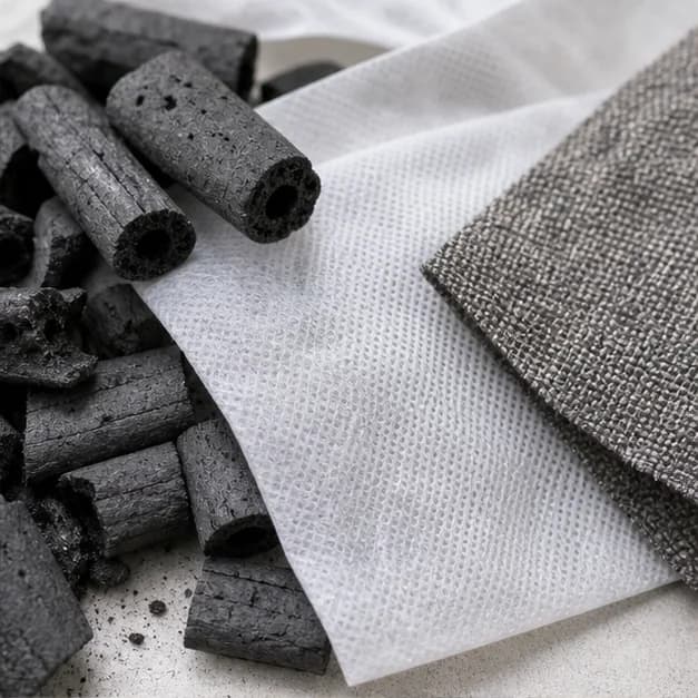 Carbone di bambù poroso accanto a materiali traspiranti