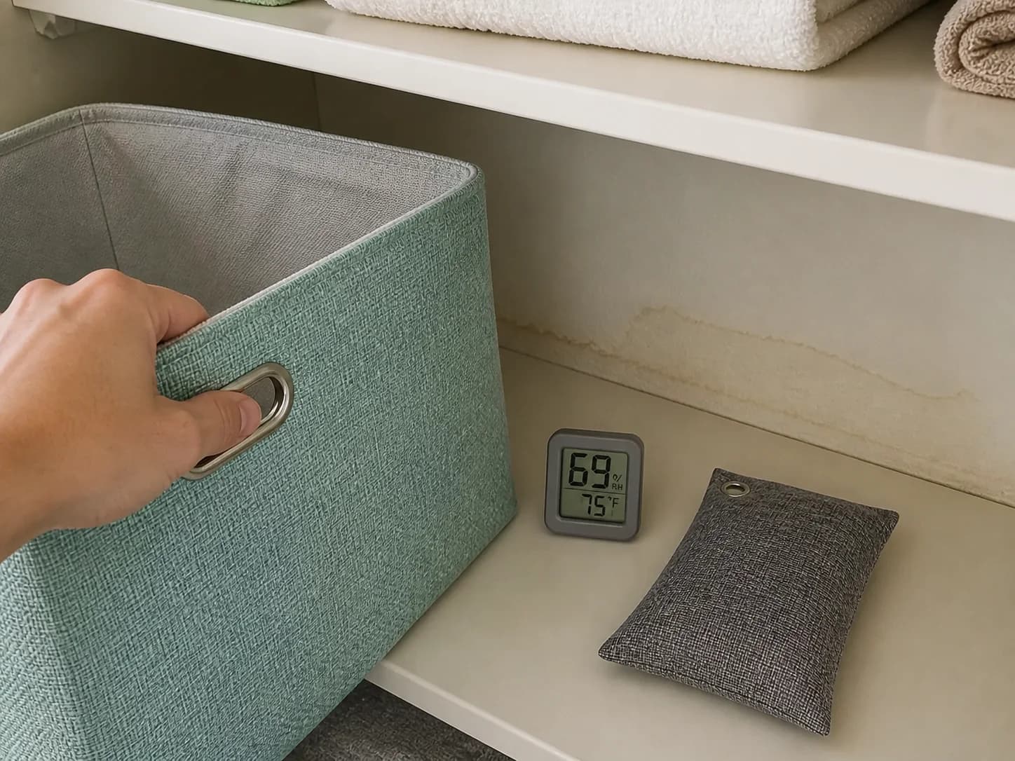 A hand moving a storage bin to inspect a water mark while a gray charcoal pouch remains separate