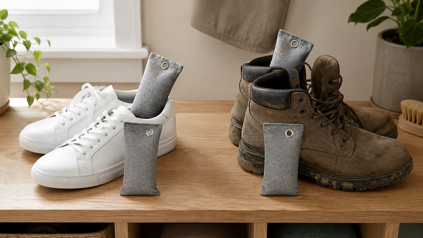Sacchetti grigi al carbone accanto a sneaker pulite e stivali da lavoro
