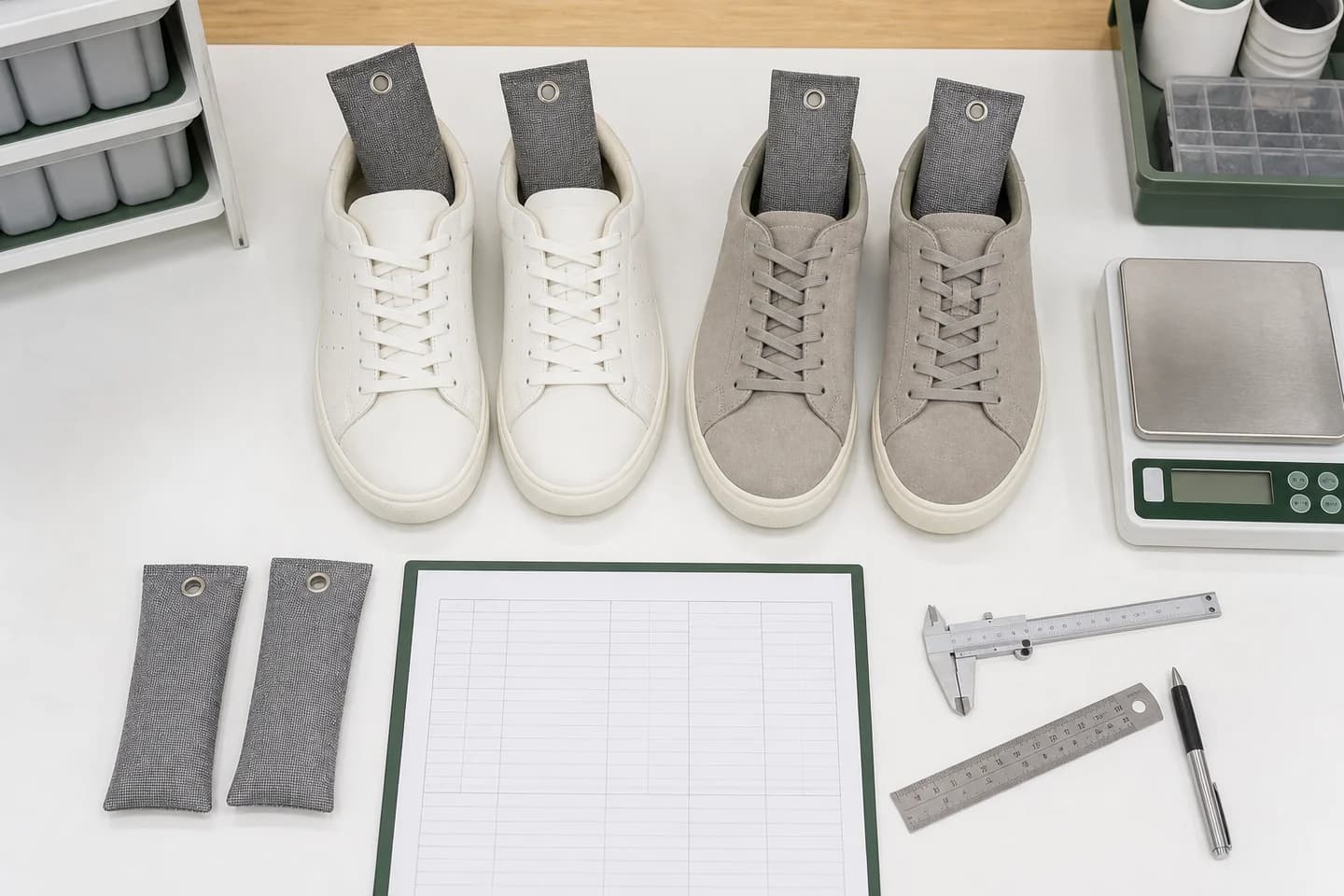 Sneaker di confronto, sacchetti al carbone, bilancia e registro