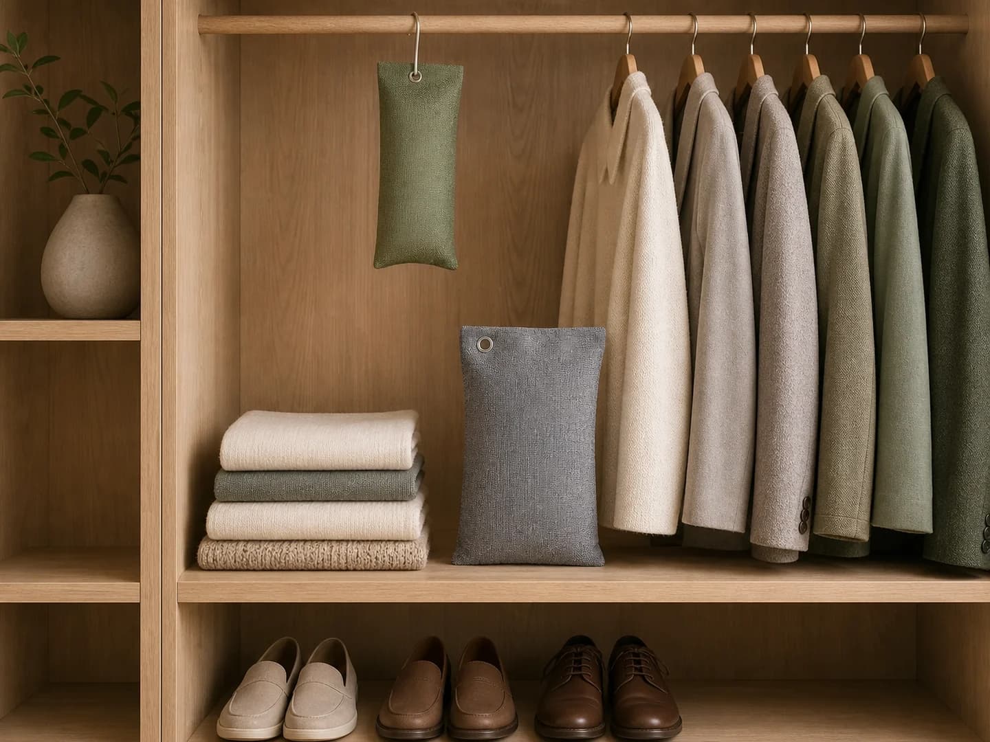 Sacchetto verde appeso e sacchetto grigio su un ripiano in zone separate dell'armadio