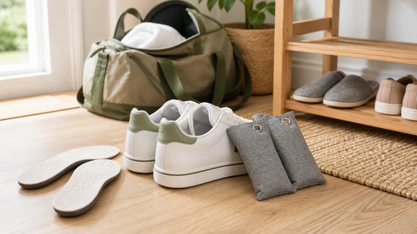 Sacchetti assorbiodori al carbone accanto a sneakers asciutte, solette e borsone aperto