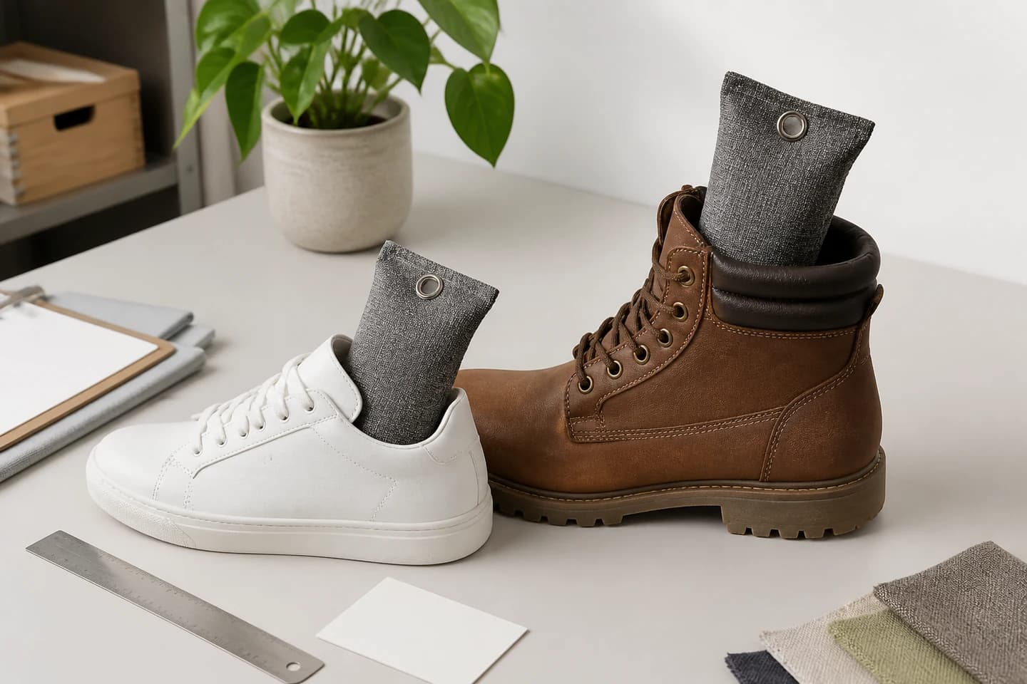 Confronto del sacchetto assorbiodori in una sneaker bassa e uno scarpone