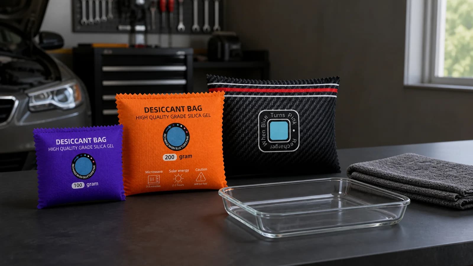 Sacchetti riutilizzabili di gel di silice viola da 100 g, arancione da 200 g e nero da 400 g preparati per una rigenerazione sicura