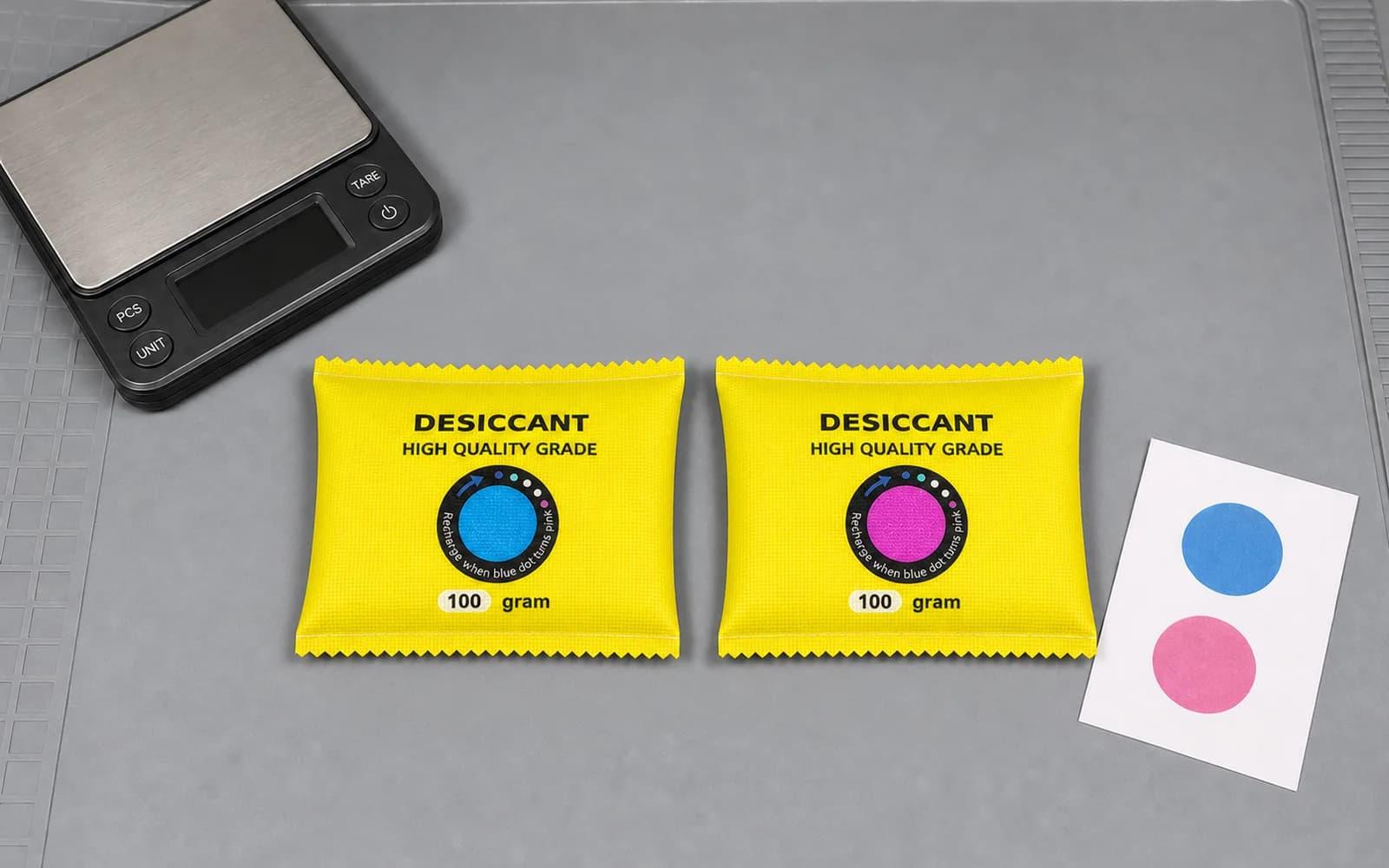 Due sacchetti gialli di gel di silice da 100 g che mostrano gli stati blu di ricarica asciutta e rosa accanto a una bilancia digitale