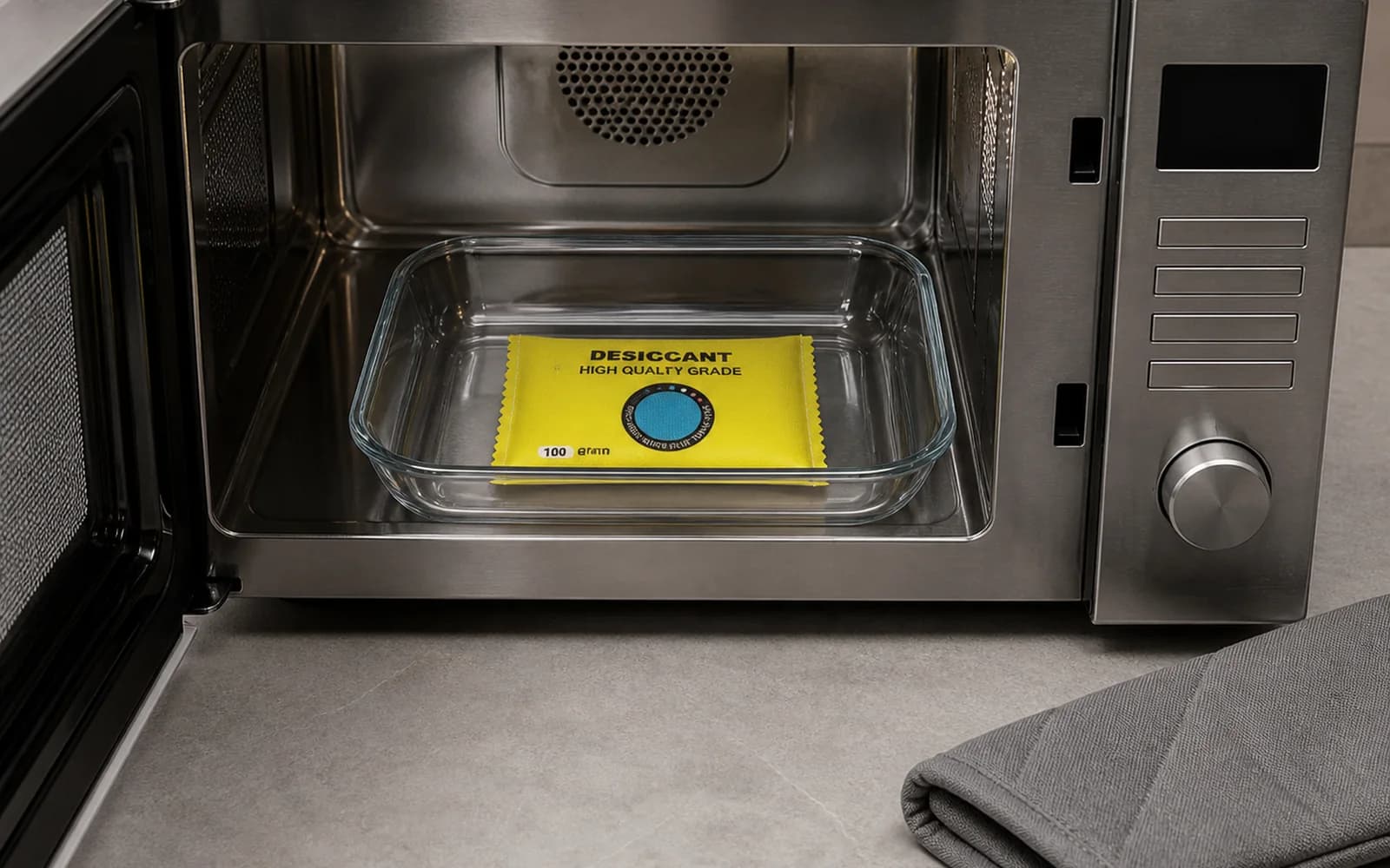 Busta gialla riutilizzabile di gel di silice da 100 g posizionata con l'indicatore rivolto verso l'alto in un vassoio di vetro all'interno di un forno a microonde aperto