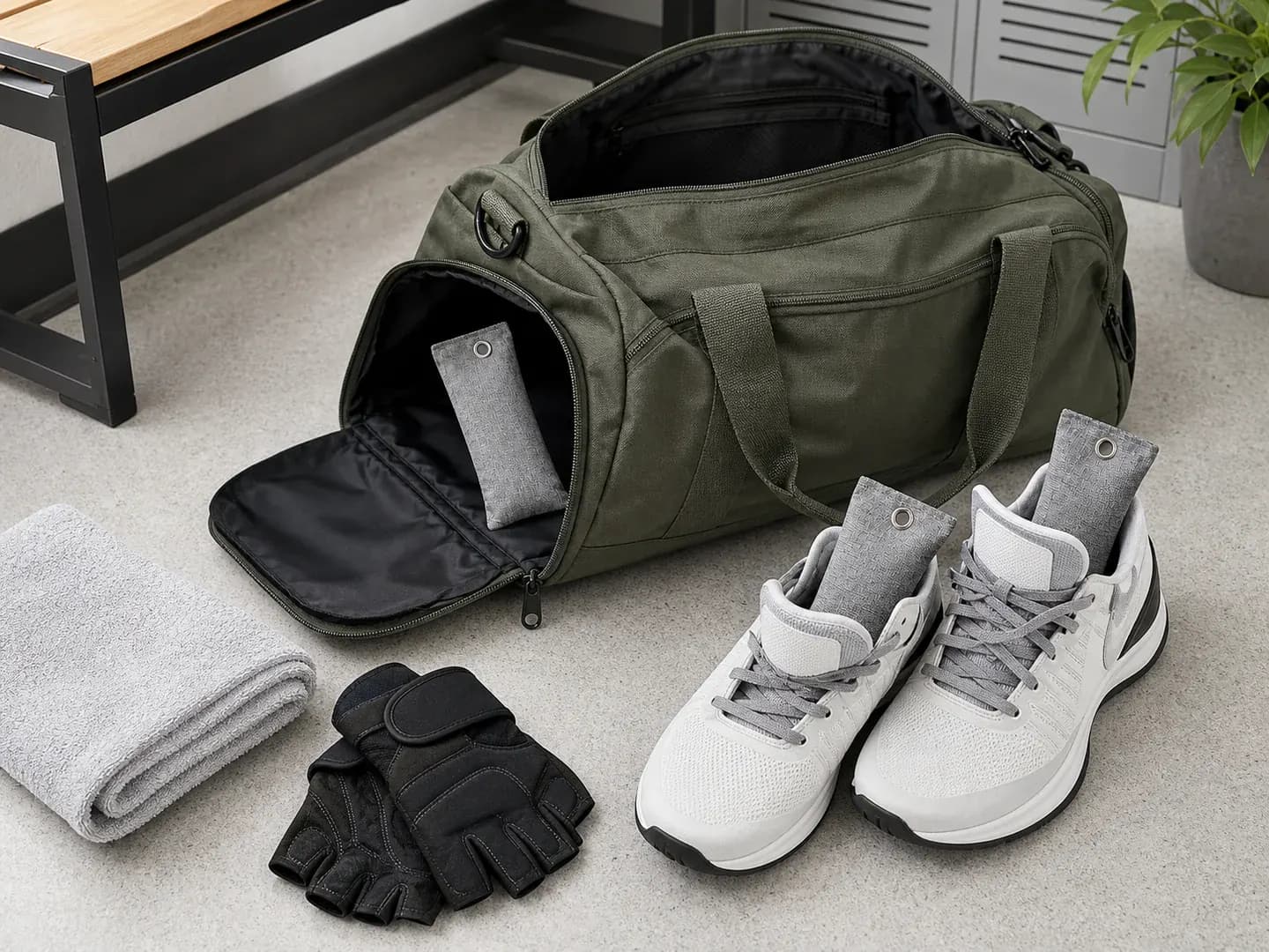 Sachets au charbon parmi des chaussures sèches et des équipements dans un sac ouvert