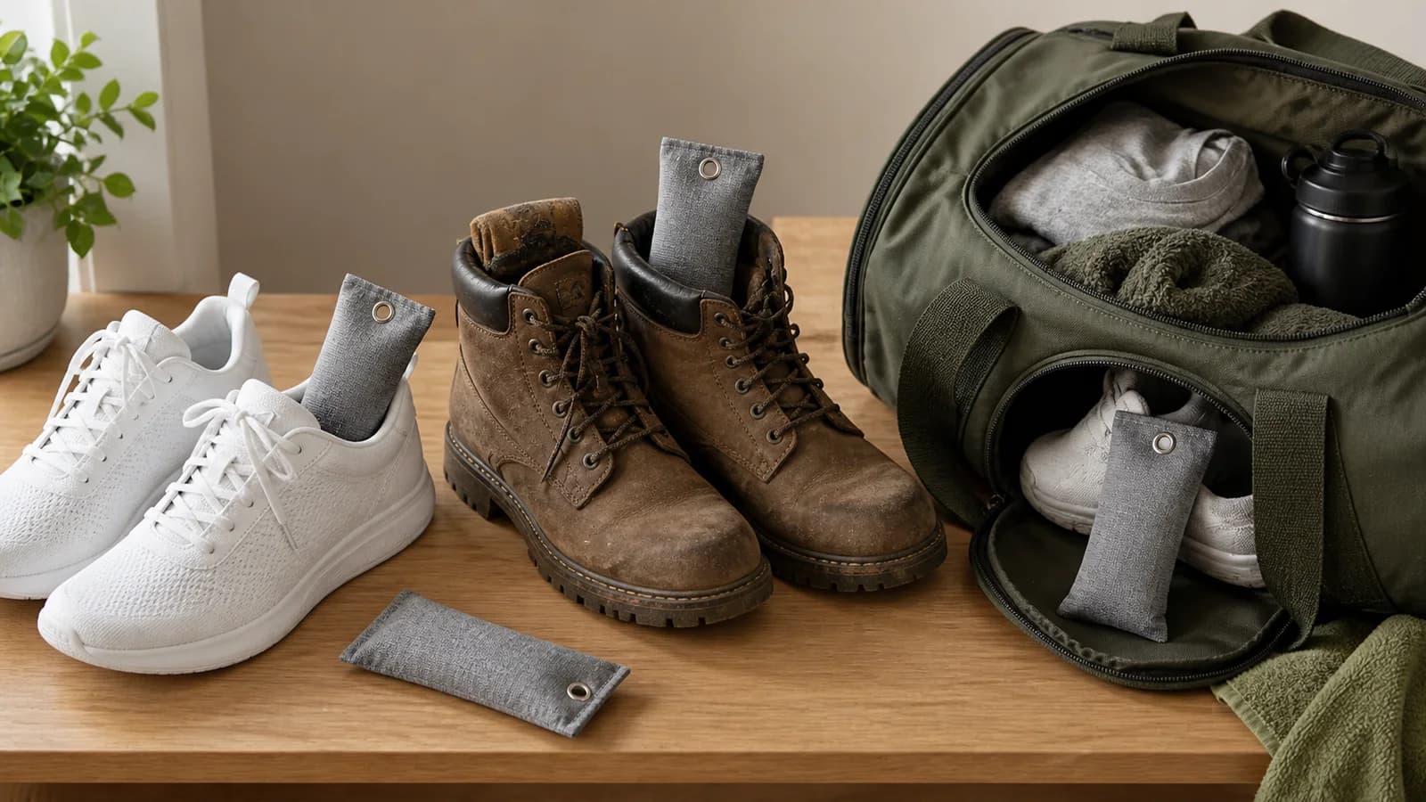 Sachets au charbon près de baskets, bottes de travail et sac de sport ouvert