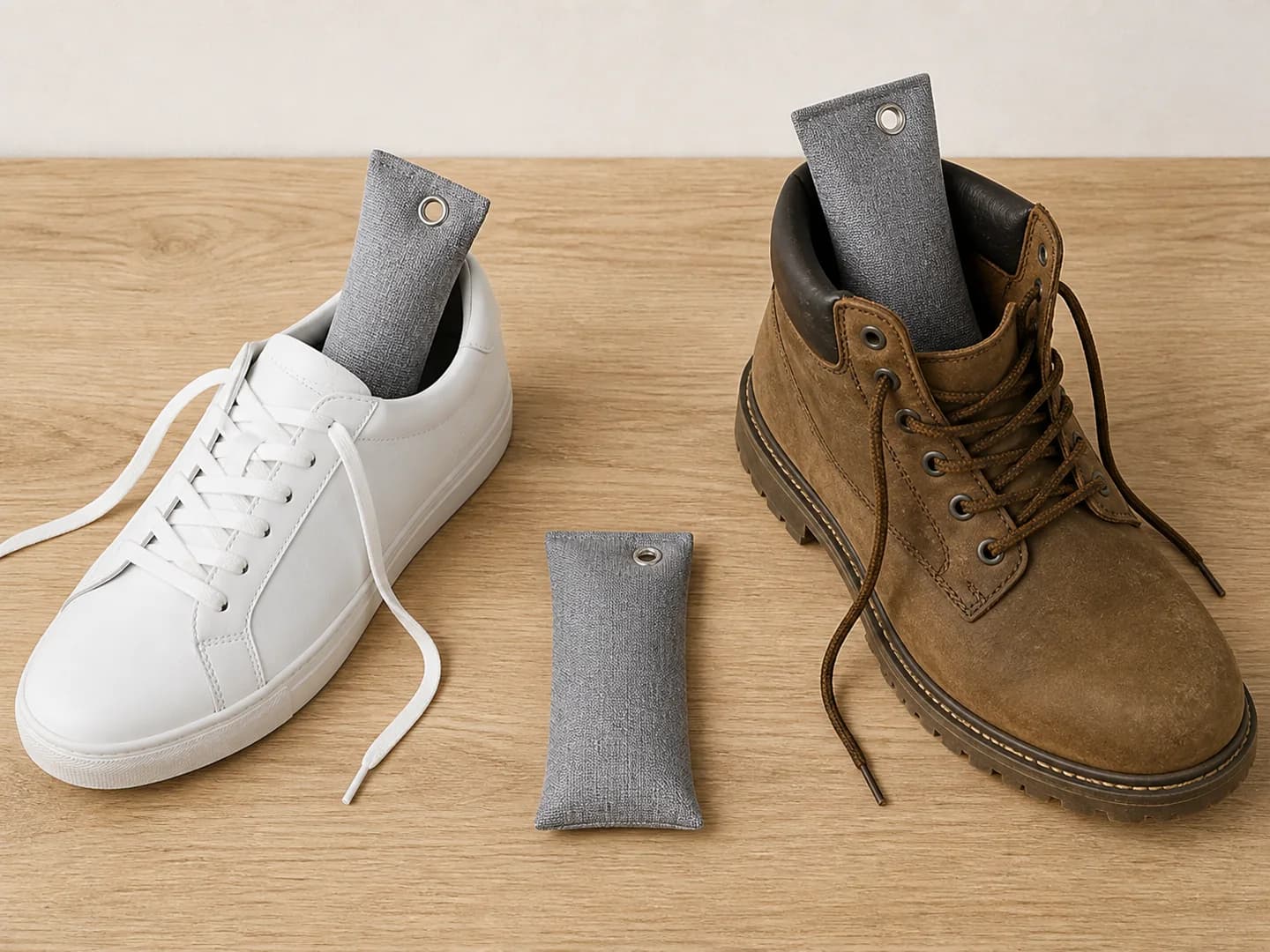 Sachet au charbon placé dans une basket et une botte haute