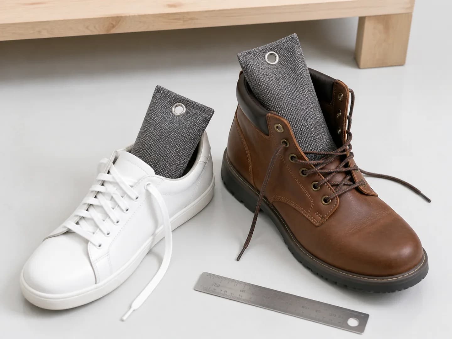 Sacchetti grigi al carbone valutati accanto a sneaker e stivali