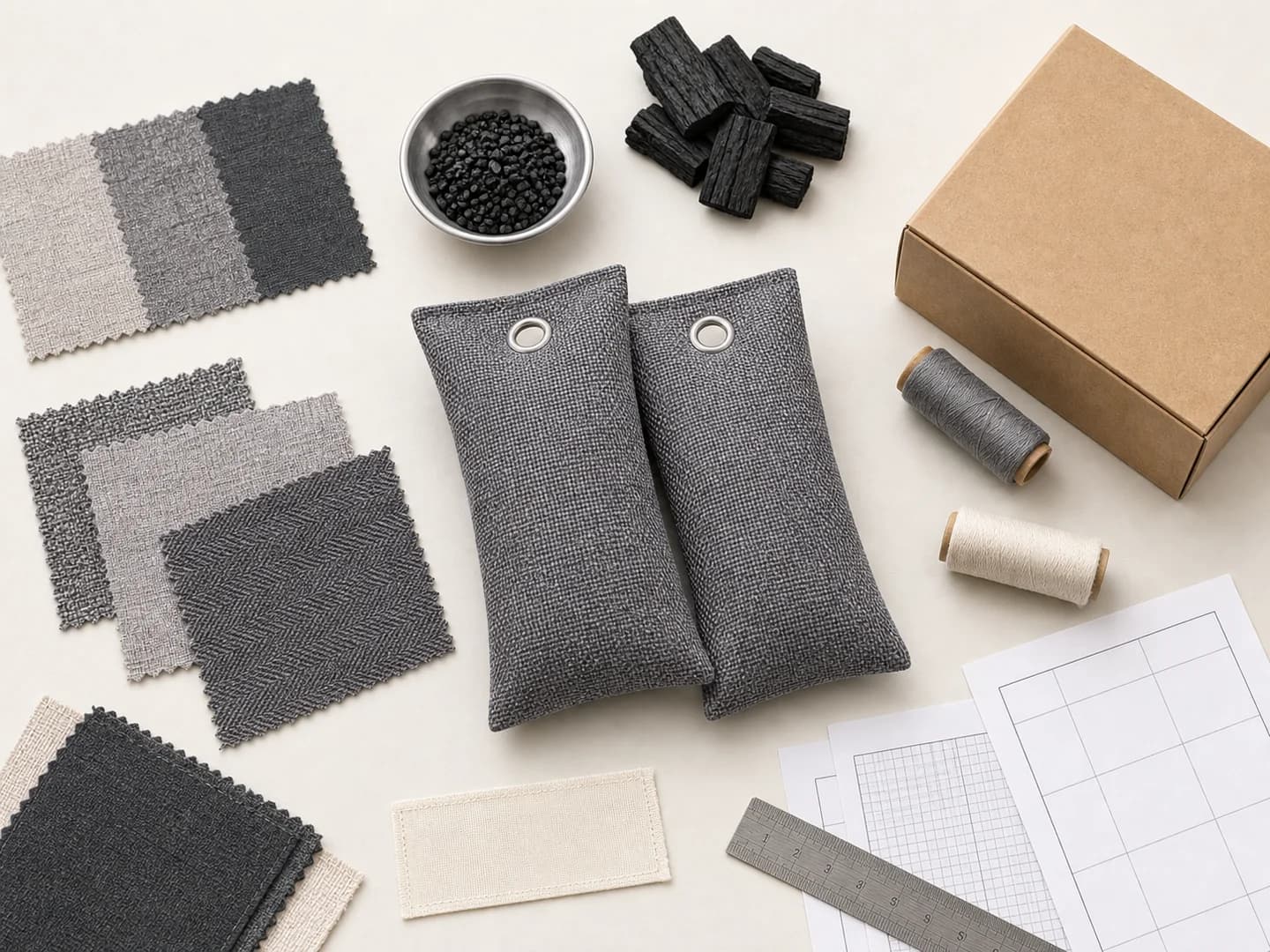 Sacchetti grigi al carbone con campi per misure, riempimento, costruzione e packaging