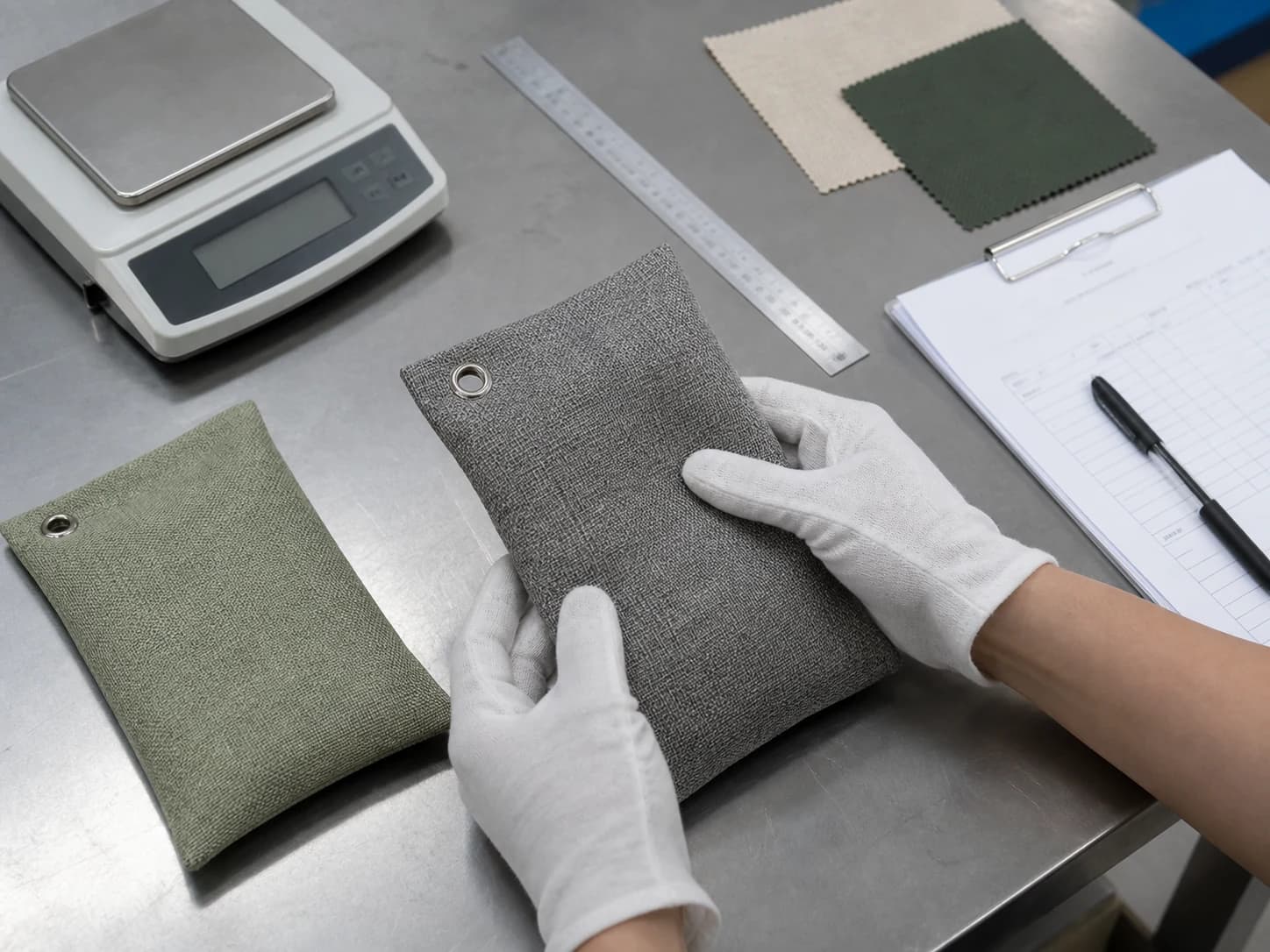 Contrôle de sachets au charbon avec balance, règle et fiche d'inspection