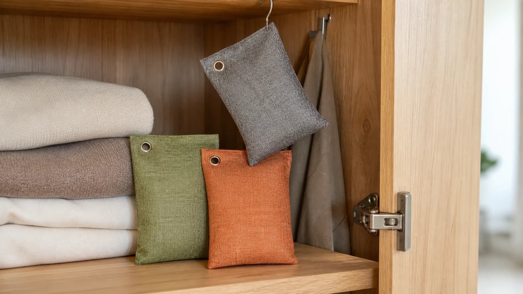 Sachets gris, vert sauge et rouille au charbon de bambou sur une étagère en bois