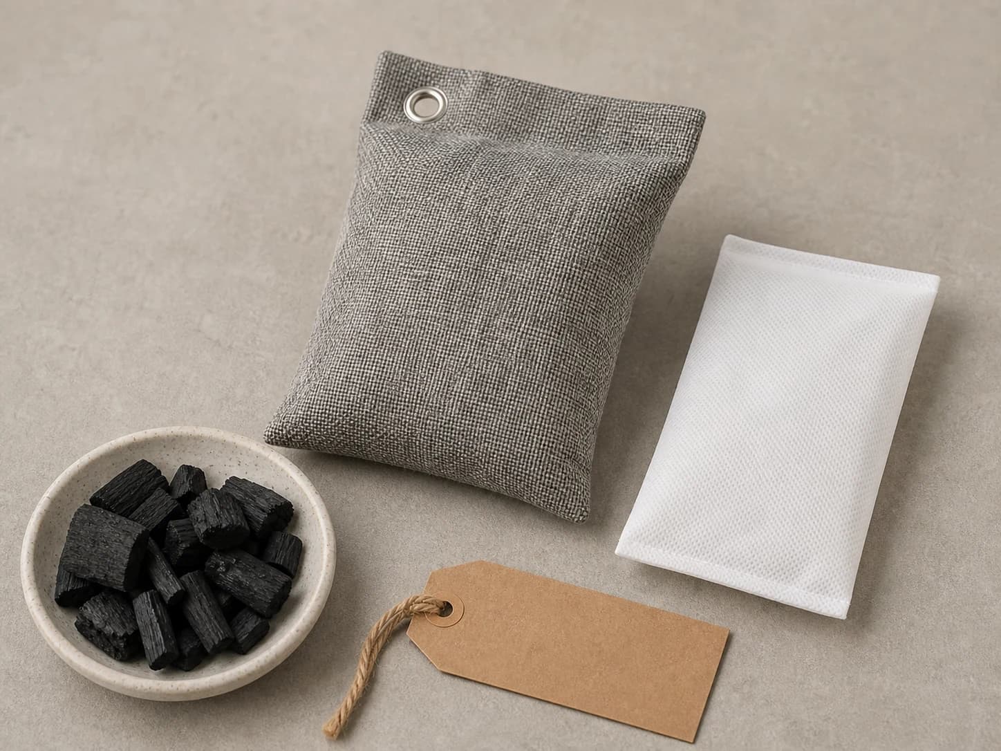 Sachet gris avec échantillon de doublure, morceaux de charbon de bambou et étiquette matière