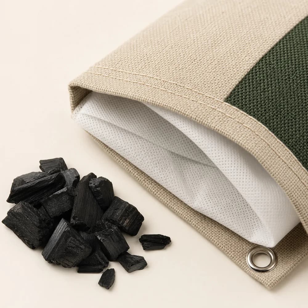 Close-up of pouch fabric, SMS inner liner, stitching, metal eyelet and bamboo charcoal
