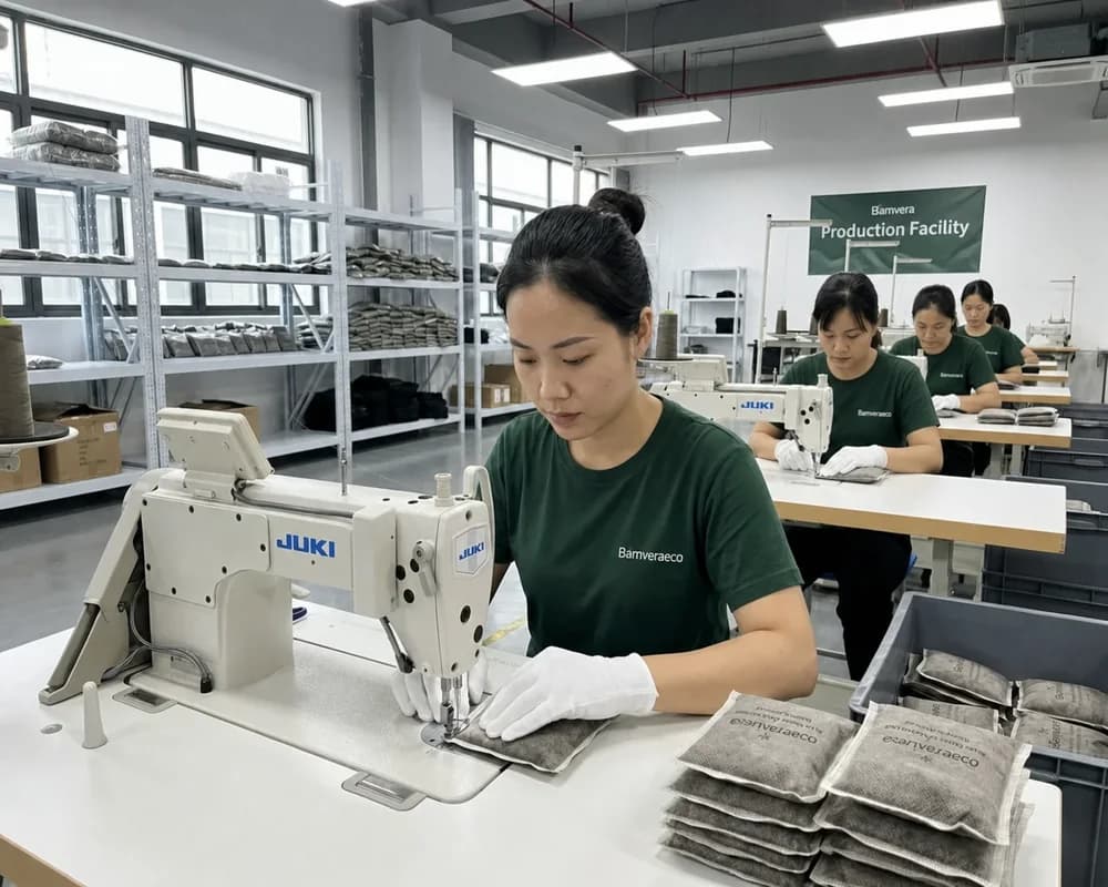 Pouch production for bamboo charcoal bag production