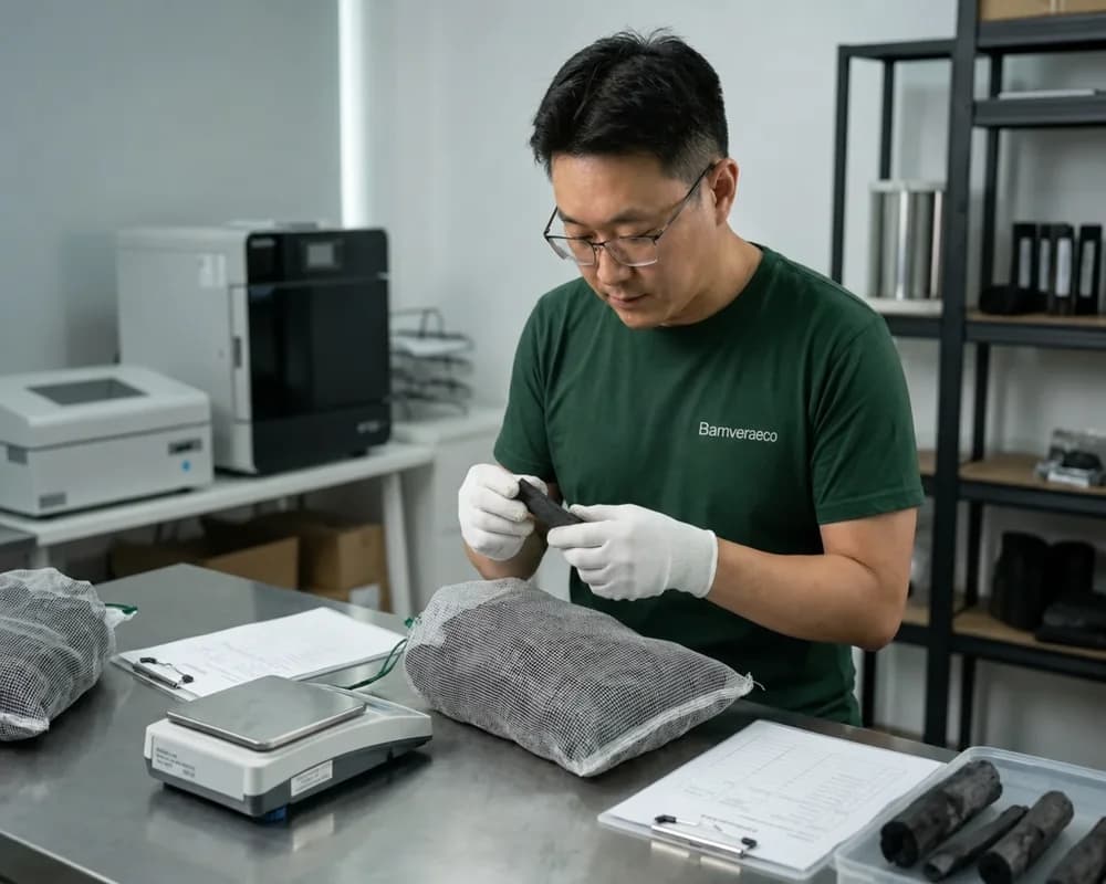Random inspection for bamboo charcoal bag production