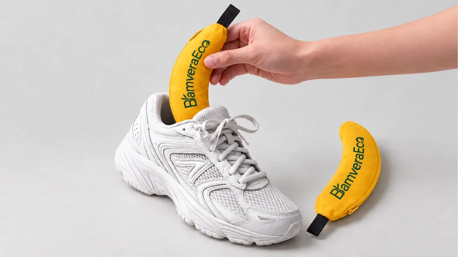 Yellow banana-shaped shoe deodorizer inserts with green BamveraEco heat-transfer logos