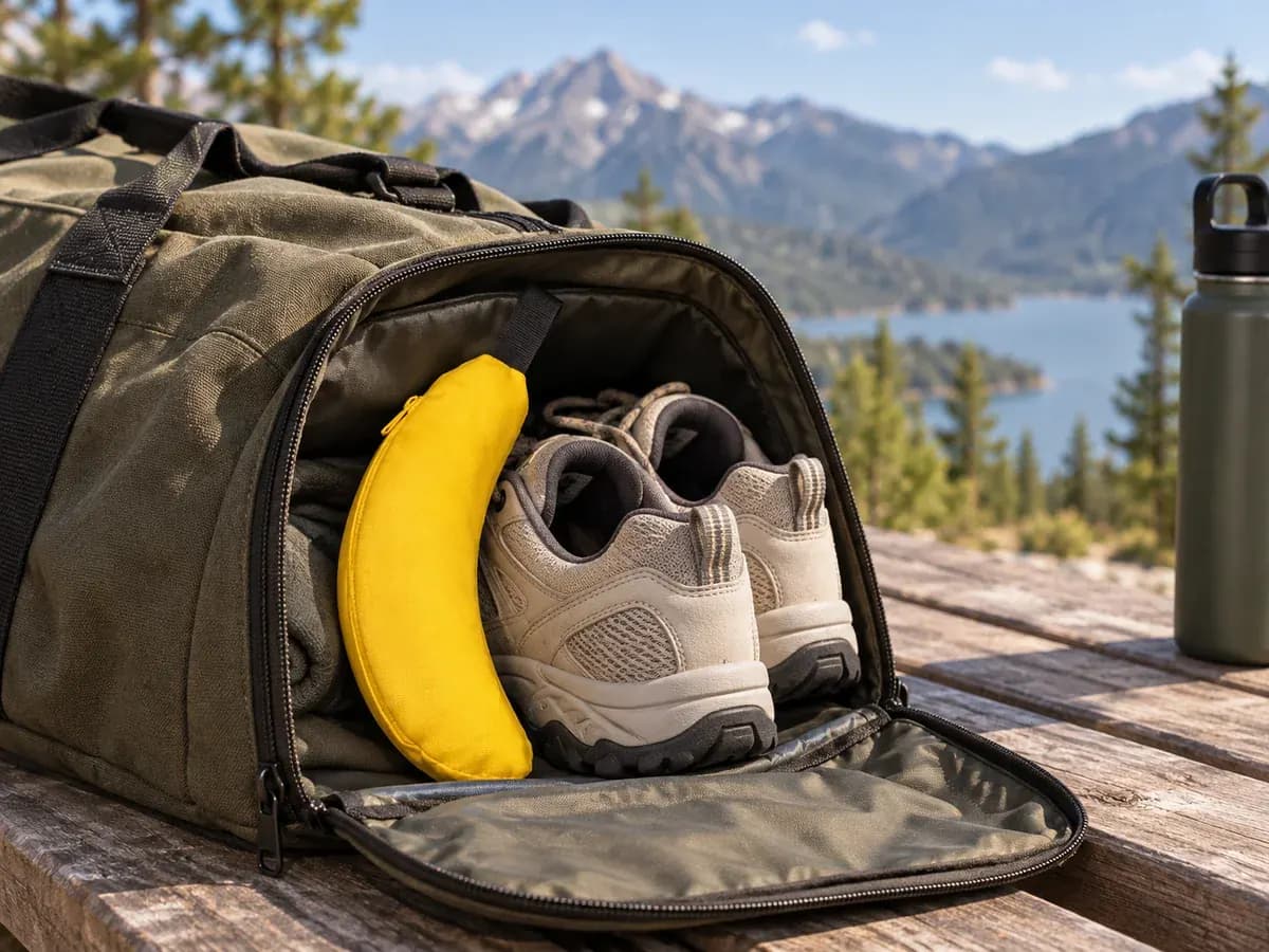 Yellow shoe deodorizer insert beside footwear in an open travel bag