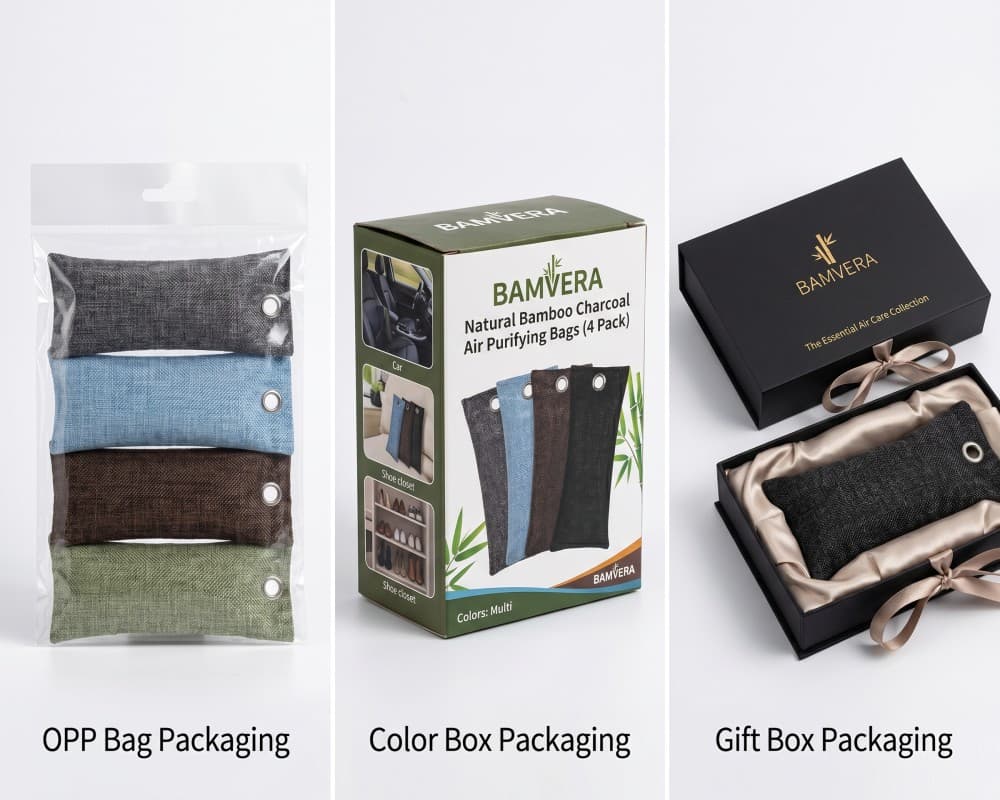 Charcoal shoe deodorizer packaging options for retail programs