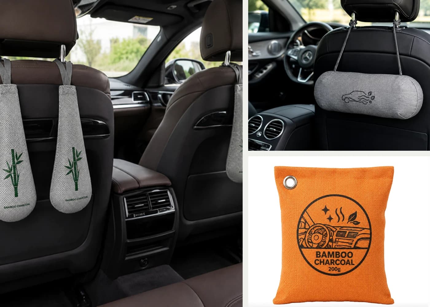 Automotive charcoal odor absorber formats for headrests, seat backs and car interiors