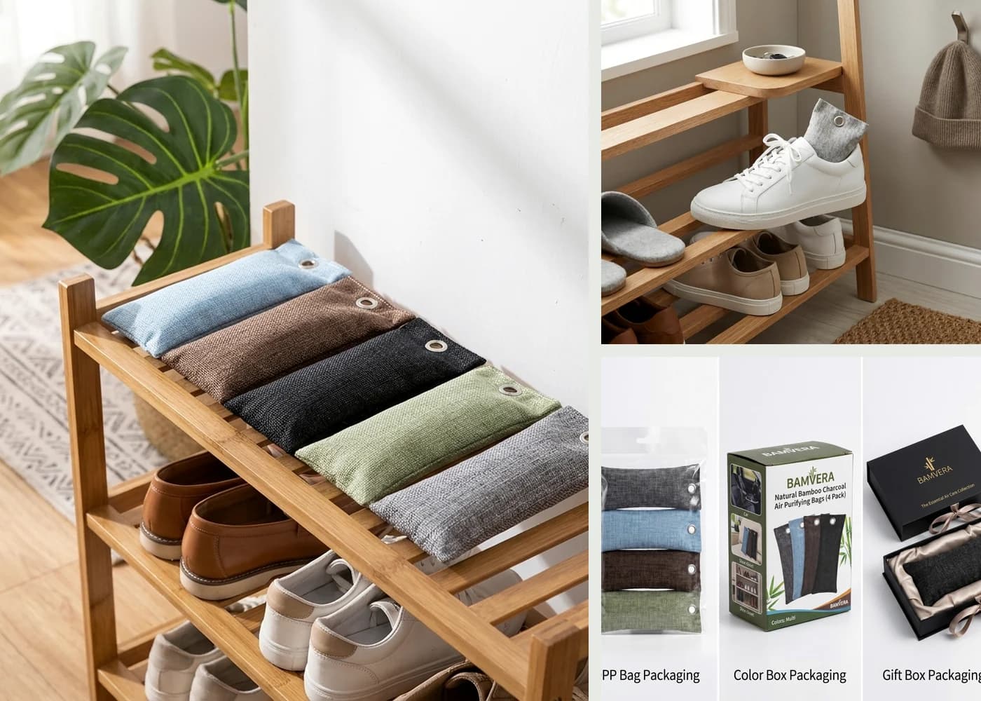 Charcoal shoe deodorizer product family in multiple colors and packaging formats