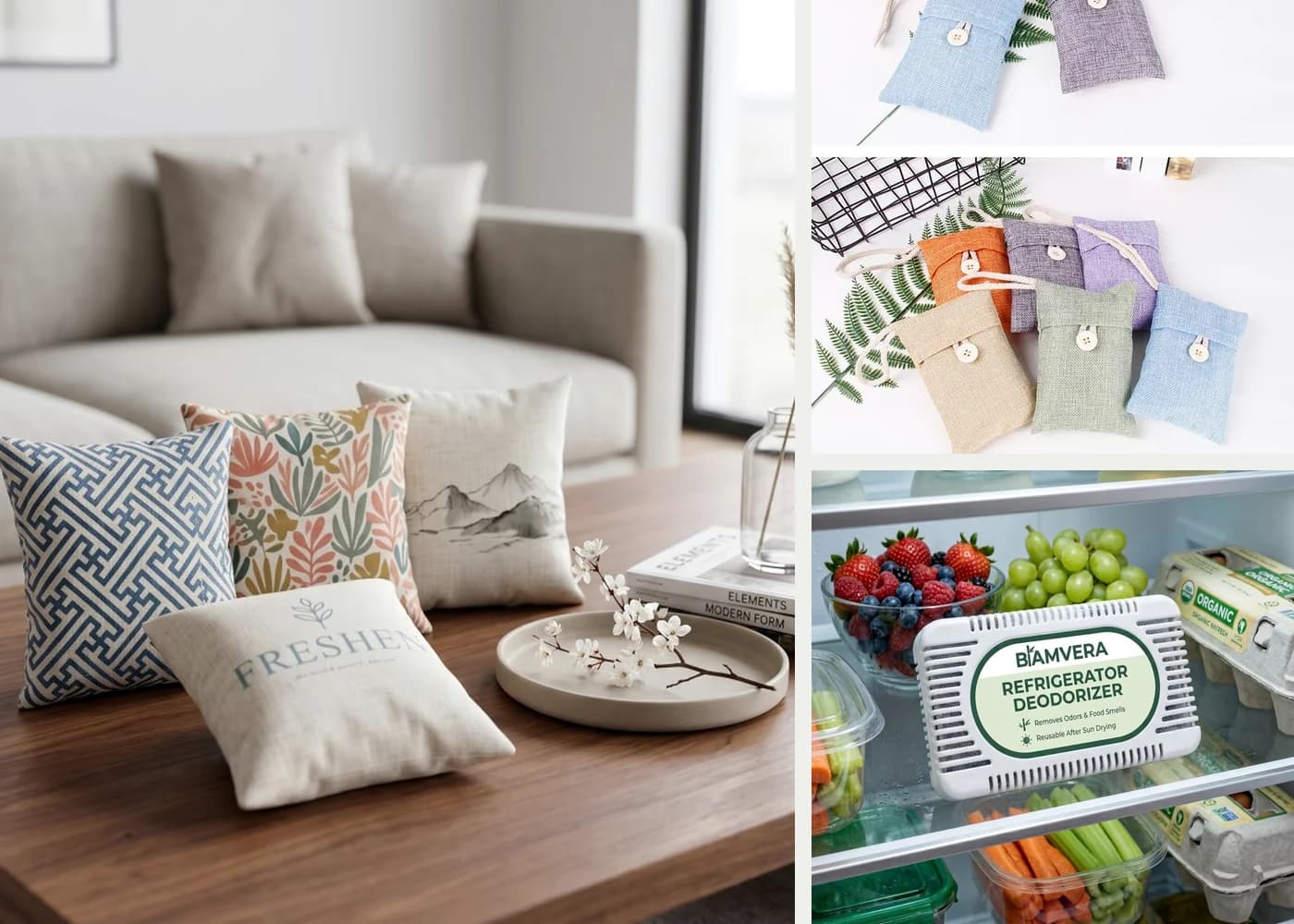 Home and storage bamboo charcoal product family including pouches and a refrigerator deodorizer