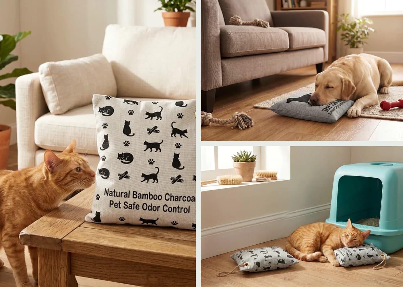 Bamboo charcoal pet-care product family for litter and pet living areas