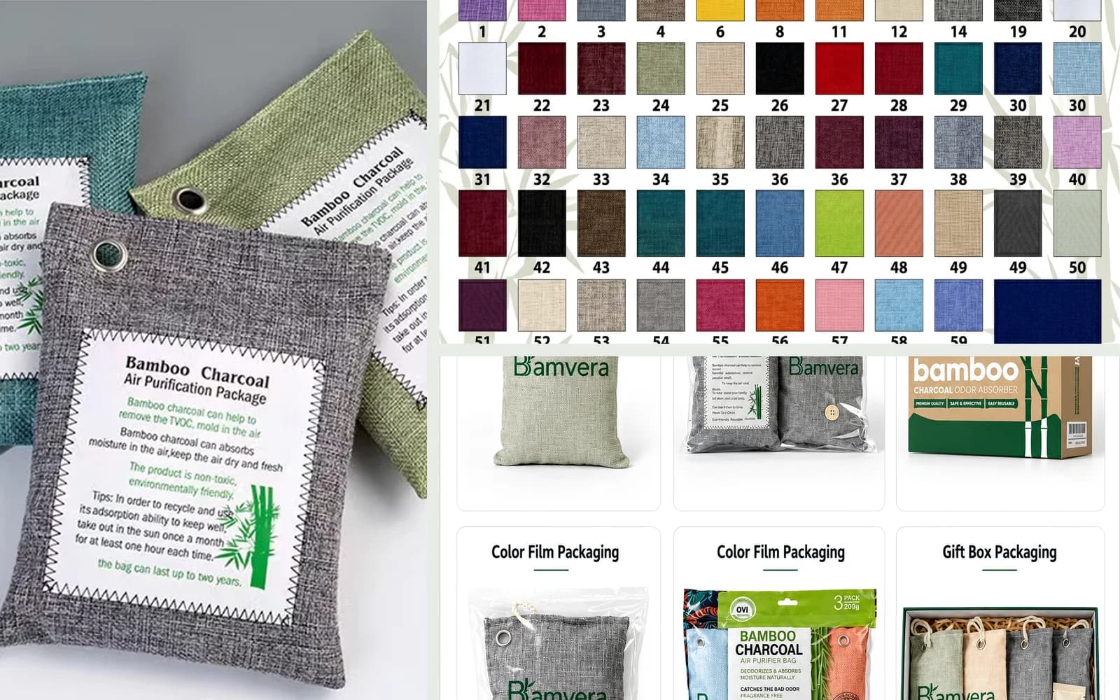 Fabric colors, logo applications and retail packaging for private-label bamboo charcoal products