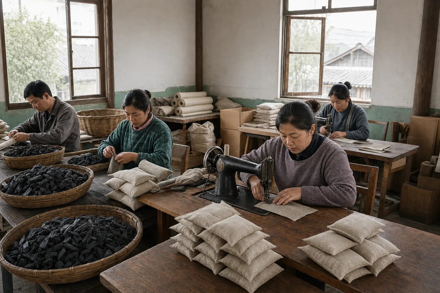 Historical reconstruction of a small bamboo charcoal workshop in Zhejiang in 2008