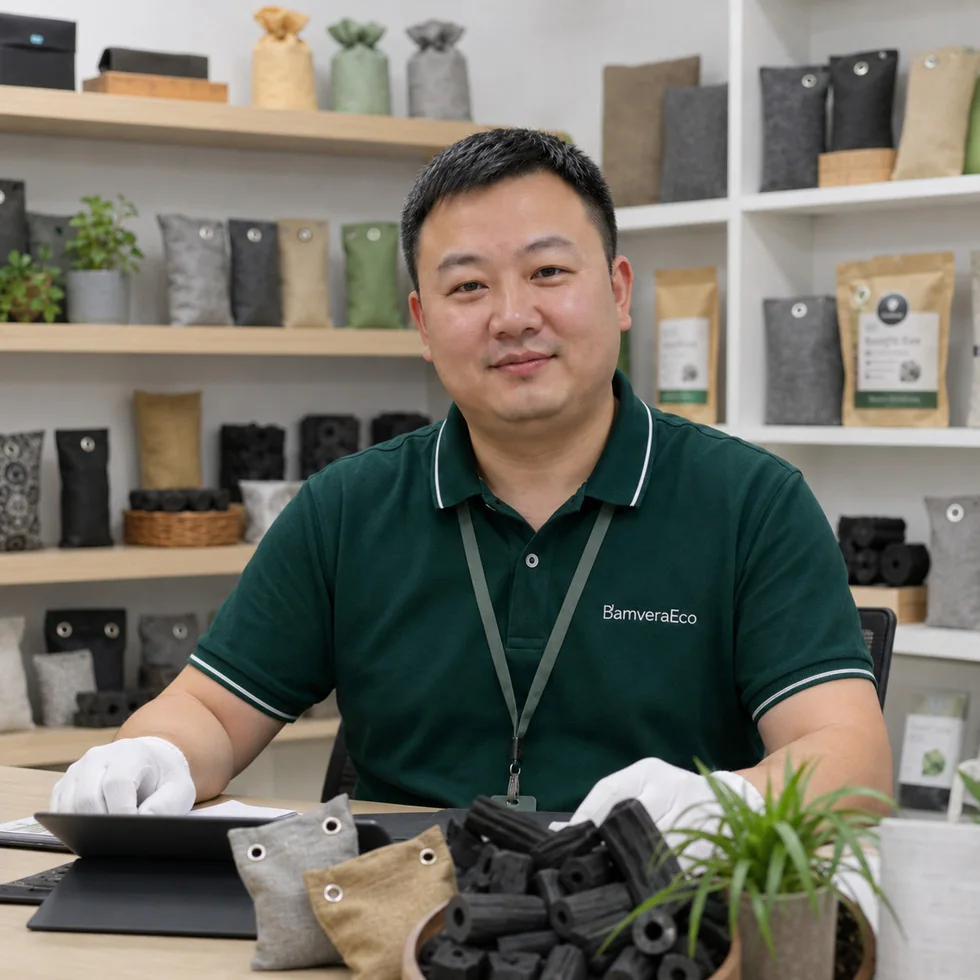 John, founder of BamveraEco, in the bamboo charcoal product showroom