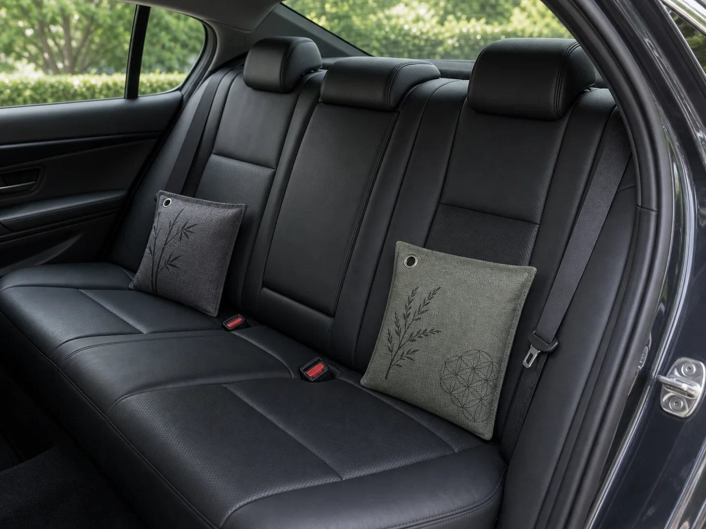 Two 500g bamboo charcoal bags placed on the rear seat of a car