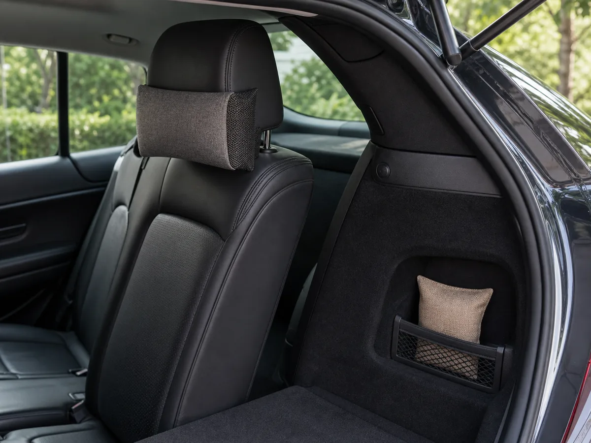 Charcoal cushion attached to a car headrest and a pouch secured in a trunk pocket