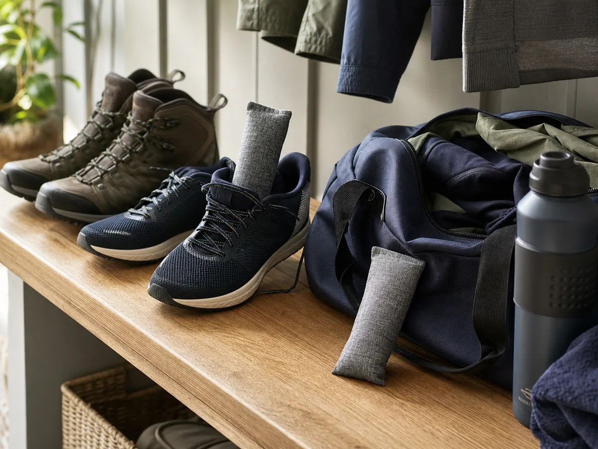 Slim charcoal deodorizer pouches with sneakers, boots and a gym bag