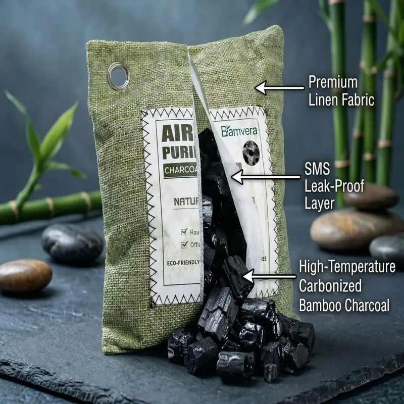 Bamboo charcoal bag showing its outer fabric, SMS inner layer and carbonized bamboo charcoal filling