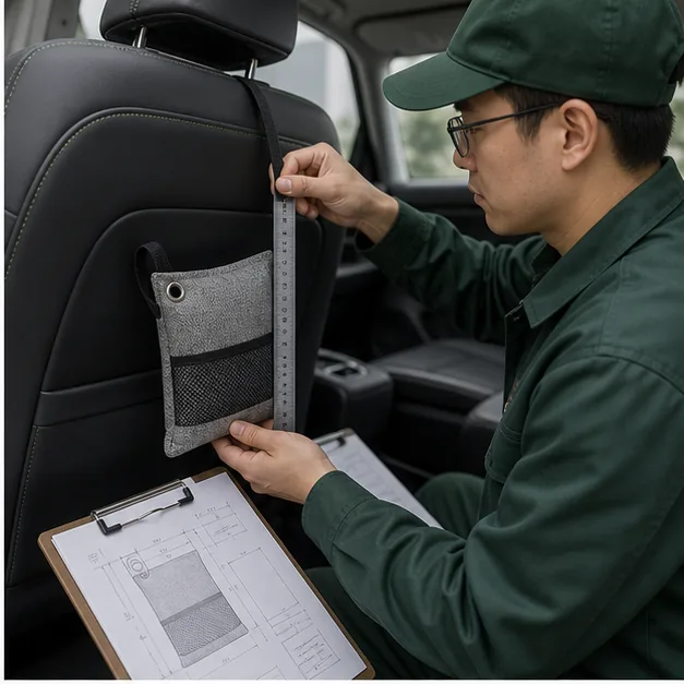 Technician measuring an automotive charcoal pouch attachment in a vehicle