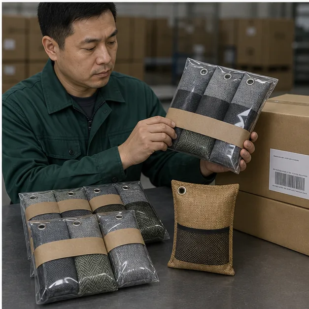 Inspector comparing automotive charcoal bag multipacks with approved sample