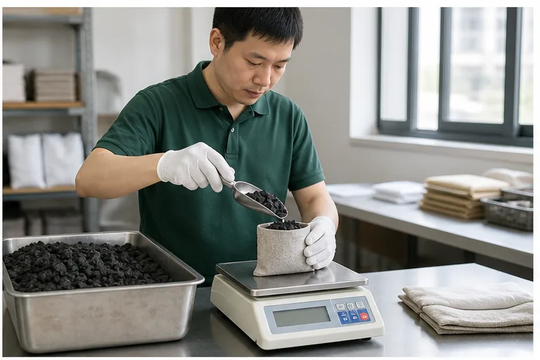 Factory technician weighing bamboo charcoal for a pouch sample