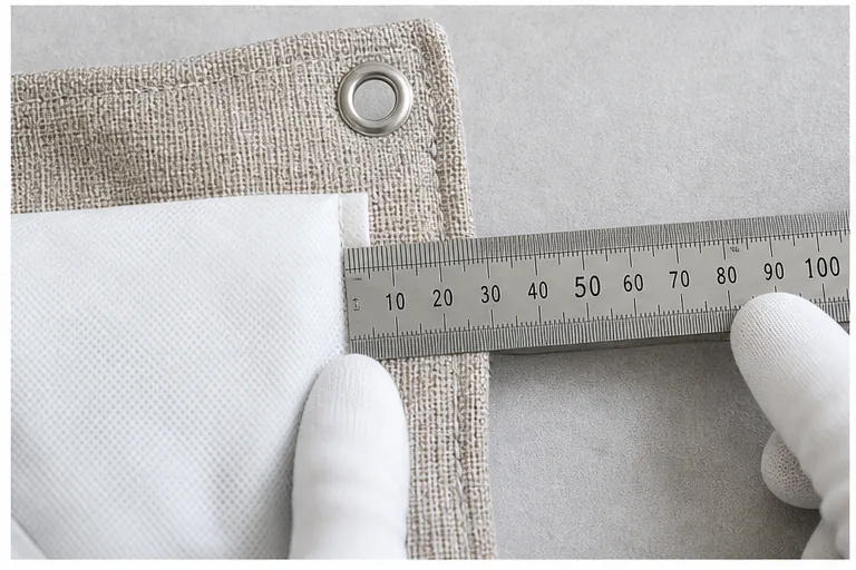 Close inspection of bamboo charcoal pouch liner seam and eyelet