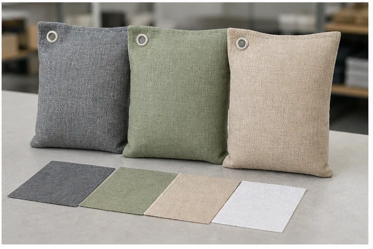 Finished charcoal pouches with approved fabric and color swatches