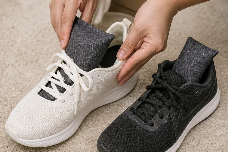Slim charcoal pouch checked for footwear fit