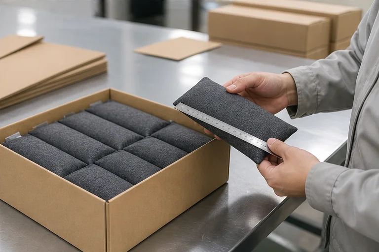 Packaging engineer checking pouch dimensions and multipack fit