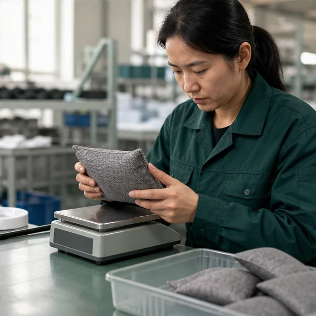 Factory inspector weighing a charcoal pouch sample