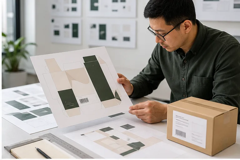 Packaging engineer reviewing a bamboo charcoal bag box dieline