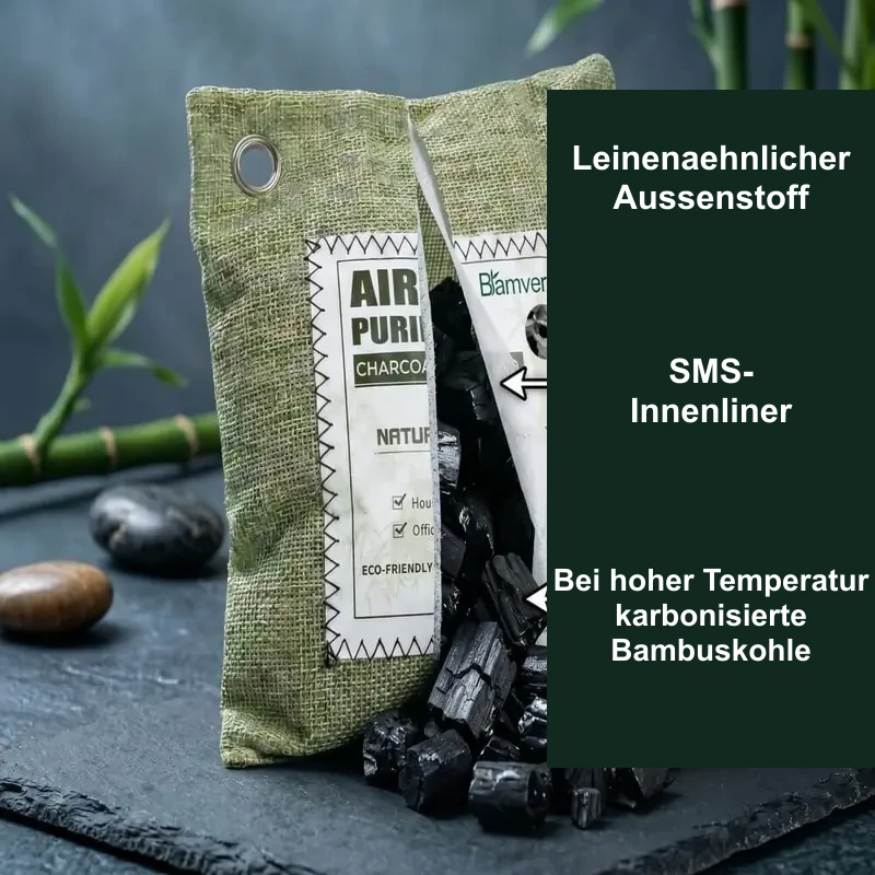 Aufbau eines Bambuskohlebeutels mit Außenstoff, SMS-Innenbeutel und karbonisierter Bambuskohle